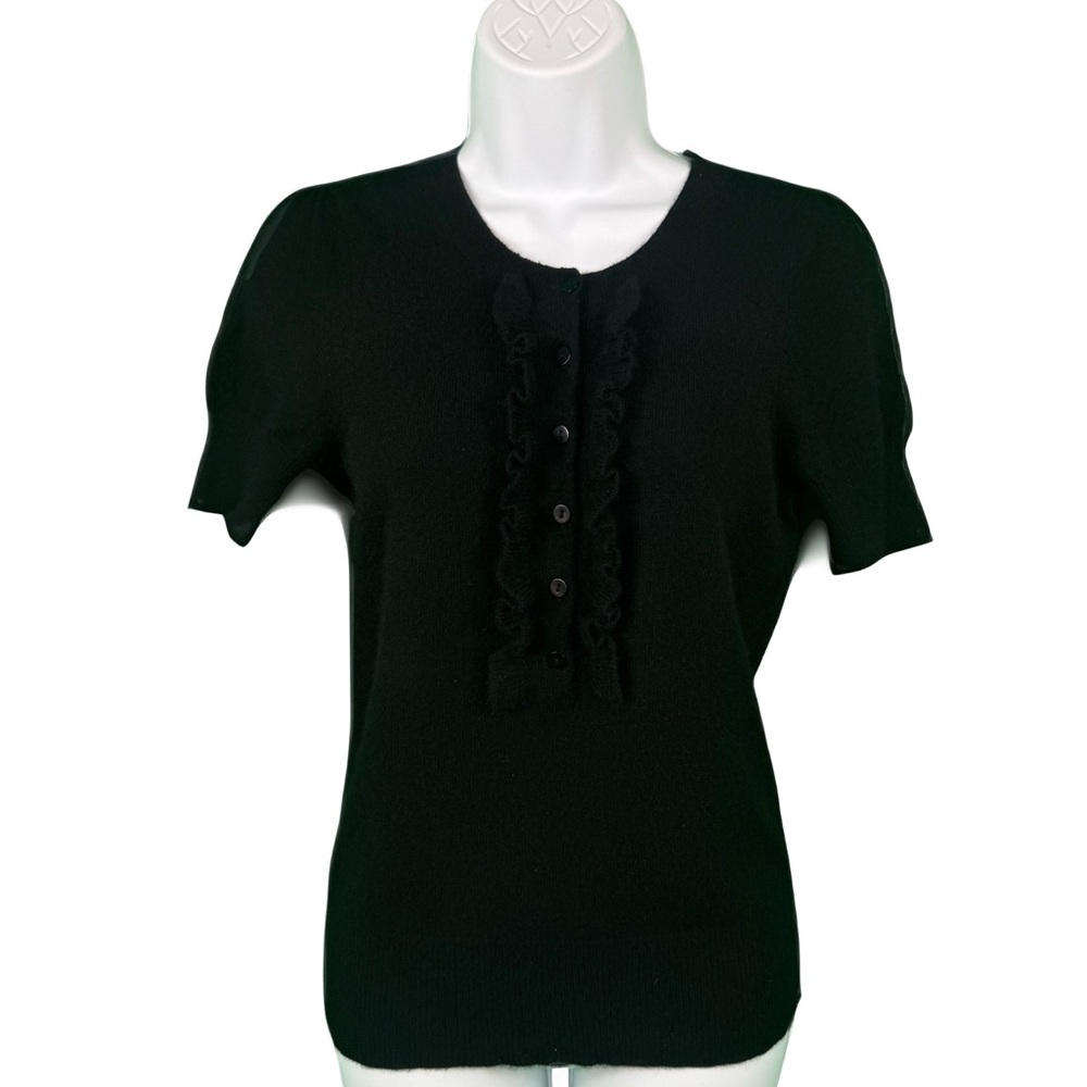 Aqua 100% Cashmere ruffle front button up short sleeve sweater black Sz Small